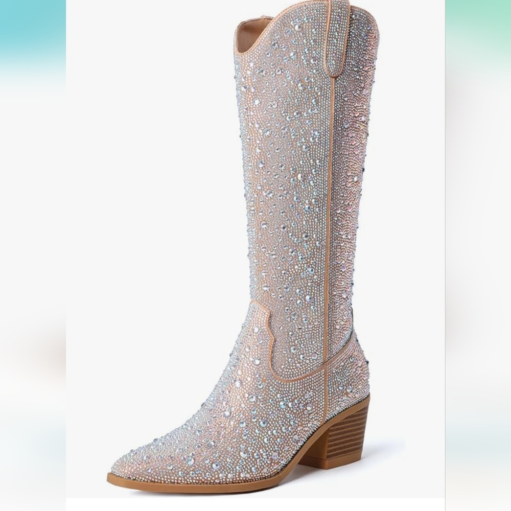Elegant Rhinestone Embellished Heeled Boots - Cream